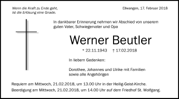 Traueranzeige von Werner Beutler von Schwäbische Post