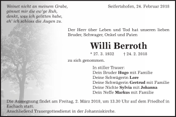 Traueranzeige von Willi Berroth von Gmünder Tagespost