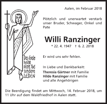 Traueranzeige von Willi Ranzinger von Schwäbische Post