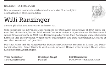 Traueranzeige von Willi Ranzinger von Schwäbische Post