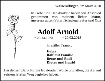 Traueranzeige von Adolf Arnold von Schwäbische Post