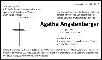 Traueranzeige von Agatha Angstenberger von Schwäbische Post