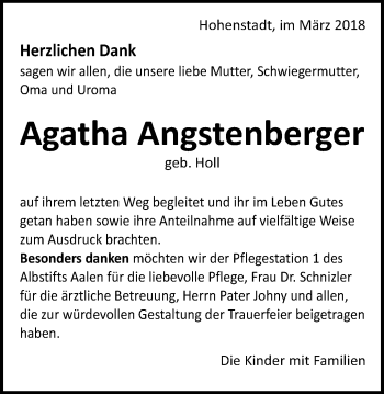 Traueranzeige von Agatha Angstenberger von Schwäbische Post