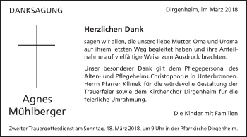 Traueranzeige von Agnes Mühlberger von Schwäbische Post