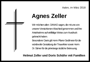Traueranzeige von Agnes Zeller von Schwäbische Post