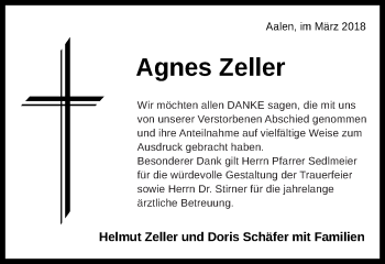 Traueranzeige von Agnes Zeller von Schwäbische Post