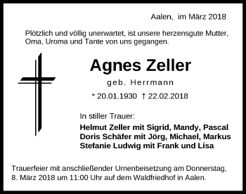 Traueranzeige von Agnes Zeller von Schwäbische Post