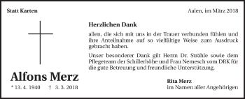 Traueranzeige von Alfons Merz von Schwäbische Post