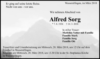 Traueranzeige von Alfred Sorg von Schwäbische Post