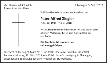 Traueranzeige von Alfred Ziegler von Schwäbische Post