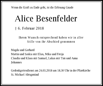 Traueranzeige von Alice Besenfelder von Schwäbische Post