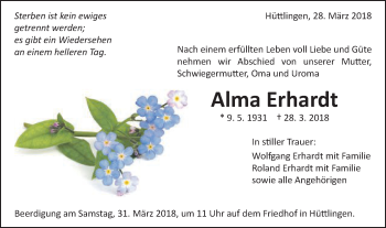 Traueranzeige von Alma Erhardt von Schwäbische Post