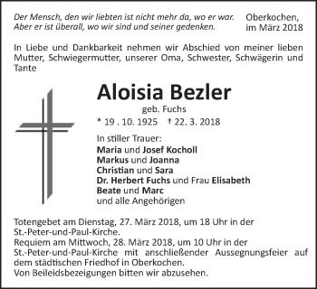 Traueranzeige von Aloisia Bezler von Schwäbische Post
