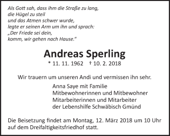 Traueranzeige von Andreas Sperling von Gmünder Tagespost