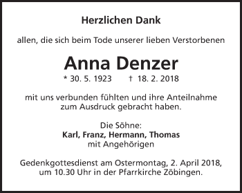 Traueranzeige von Anna Denzer von Schwäbische Post