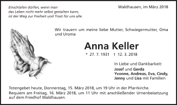 Traueranzeige von Anna Keller von Schwäbische Post