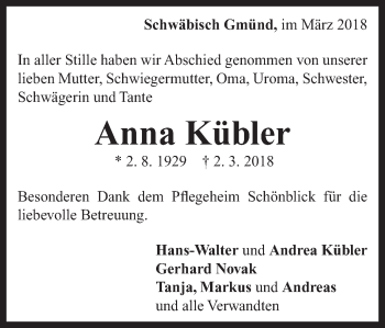 Traueranzeige von Anna Kübler von Gmünder Tagespost