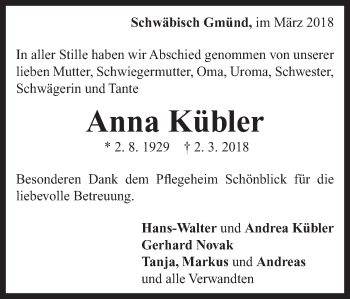 Traueranzeige von Anna Kübler