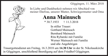 Traueranzeige von Anna Mainusch von Gmünder Tagespost