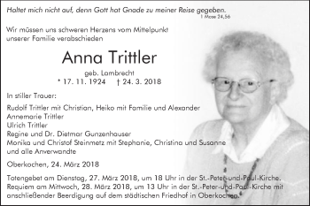 Traueranzeige von Anna Trittler von Schwäbische Post