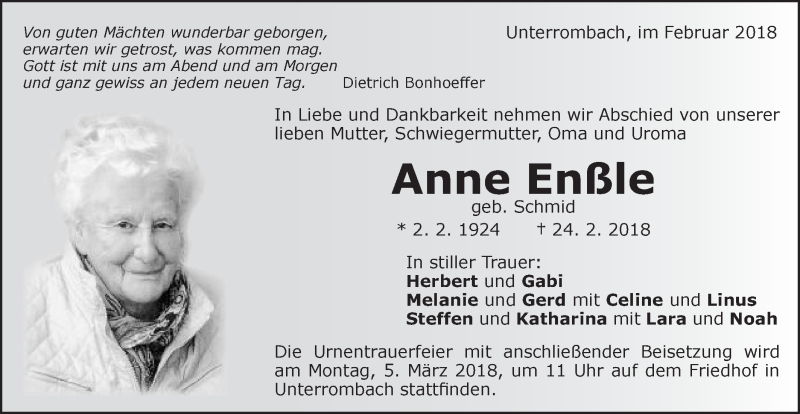  Traueranzeige für Anne Enßle vom 02.03.2018 aus Schwäbische Post