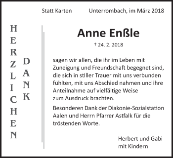 Traueranzeige von Anne Enßle von Schwäbische Post