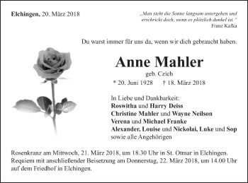 Traueranzeige von Anne Mahler von Schwäbische Post