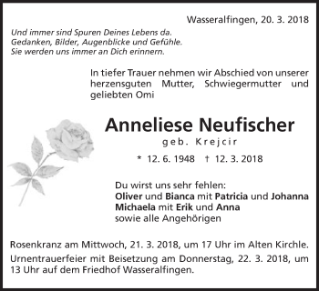 Traueranzeige von Anneliese Neufischer von Schwäbische Post