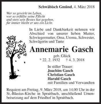 Traueranzeige von Annemarie Gasch von Gmünder Tagespost