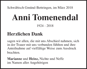 Traueranzeige von Anni Tomenendal von Gmünder Tagespost