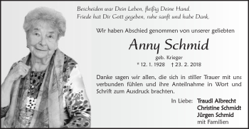 Traueranzeige von Anny Schmid von Schwäbische Post