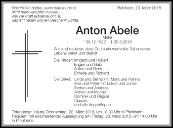 Traueranzeige von Anton Abele von Schwäbische Post