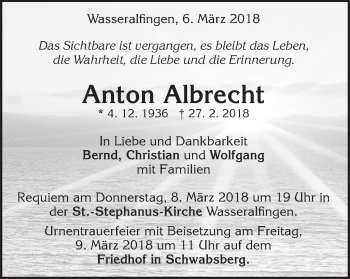 Traueranzeige von Anton Albrecht von Schwäbische Post