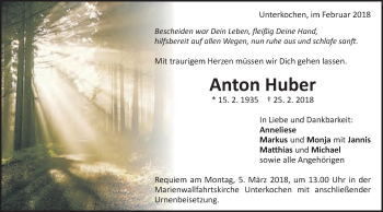 Traueranzeige von Anton Huber von Schwäbische Post