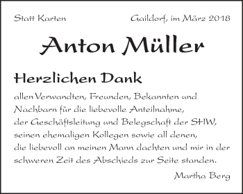 Traueranzeige von Anton Müller von Schwäbische Post