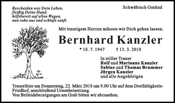 Traueranzeige von Bernhard Kanzler von Gmünder Tagespost