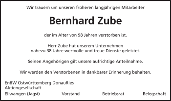 Traueranzeige von Bernhard Zube von Schwäbische Post