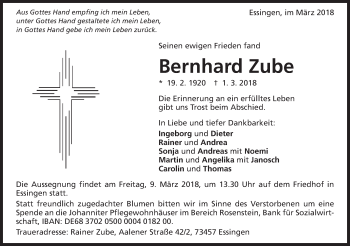 Traueranzeige von Bernhard Zube von Schwäbische Post