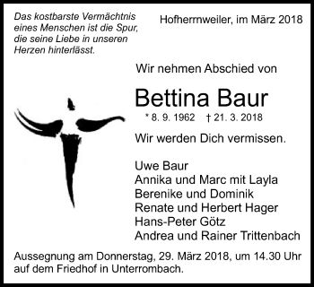 Traueranzeige von Bettina Baur von Schwäbische Post