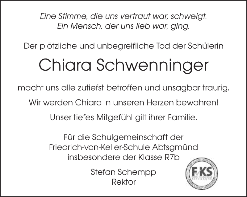  Traueranzeige für Chiara Schwenninger vom 07.03.2018 aus Schwäbische Post