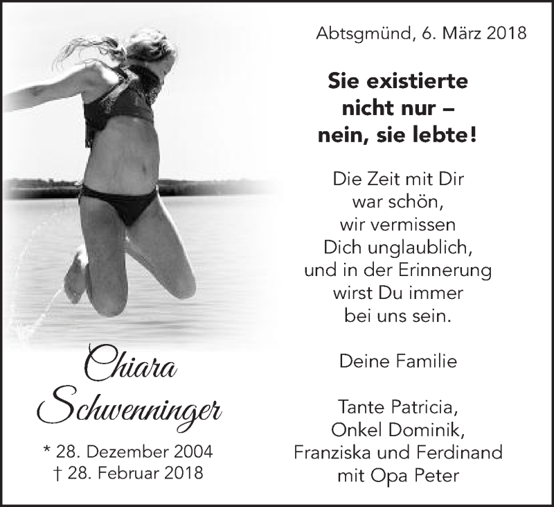  Traueranzeige für Chiara Schwenninger vom 06.03.2018 aus Schwäbische Post