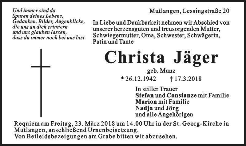  Traueranzeige für Christa Jäger vom 20.03.2018 aus Gmünder Tagespost