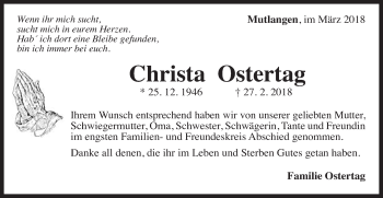 Traueranzeige von Christa Ostertag