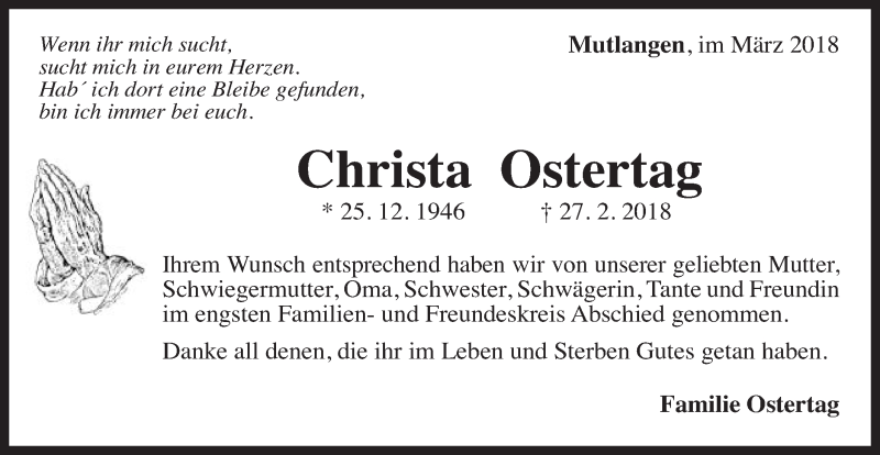  Traueranzeige für Christa Ostertag vom 10.03.2018 aus Gmünder Tagespost