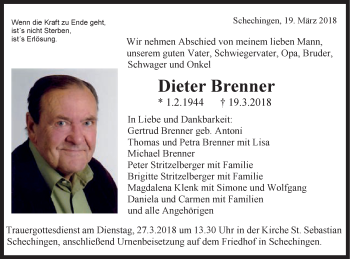 Traueranzeige von Dieter Brenner von Gmünder Tagespost