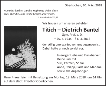 Traueranzeige von Dietrich Bantel von Schwäbische Post