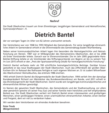 Traueranzeige von Dietrich Bantel von Schwäbische Post
