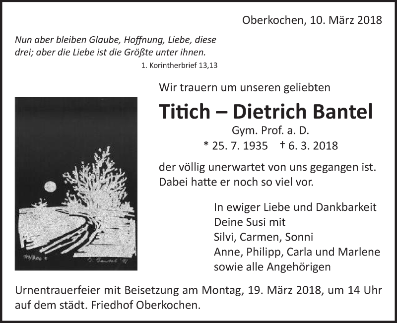  Traueranzeige für Dietrich Bantel vom 10.03.2018 aus Schwäbische Post