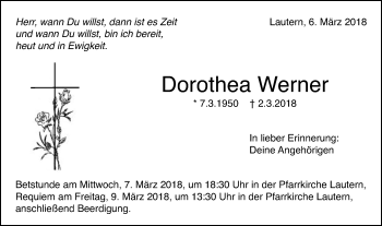 Traueranzeige von Dorothea Werner von Schwäbische Post