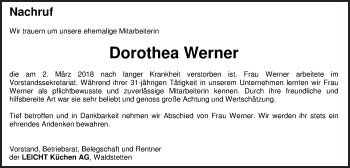 Traueranzeige von Dorothea Werner von Gmünder Tagespost